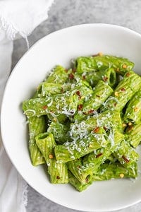 Pasta In Green Sauce In A Bowl