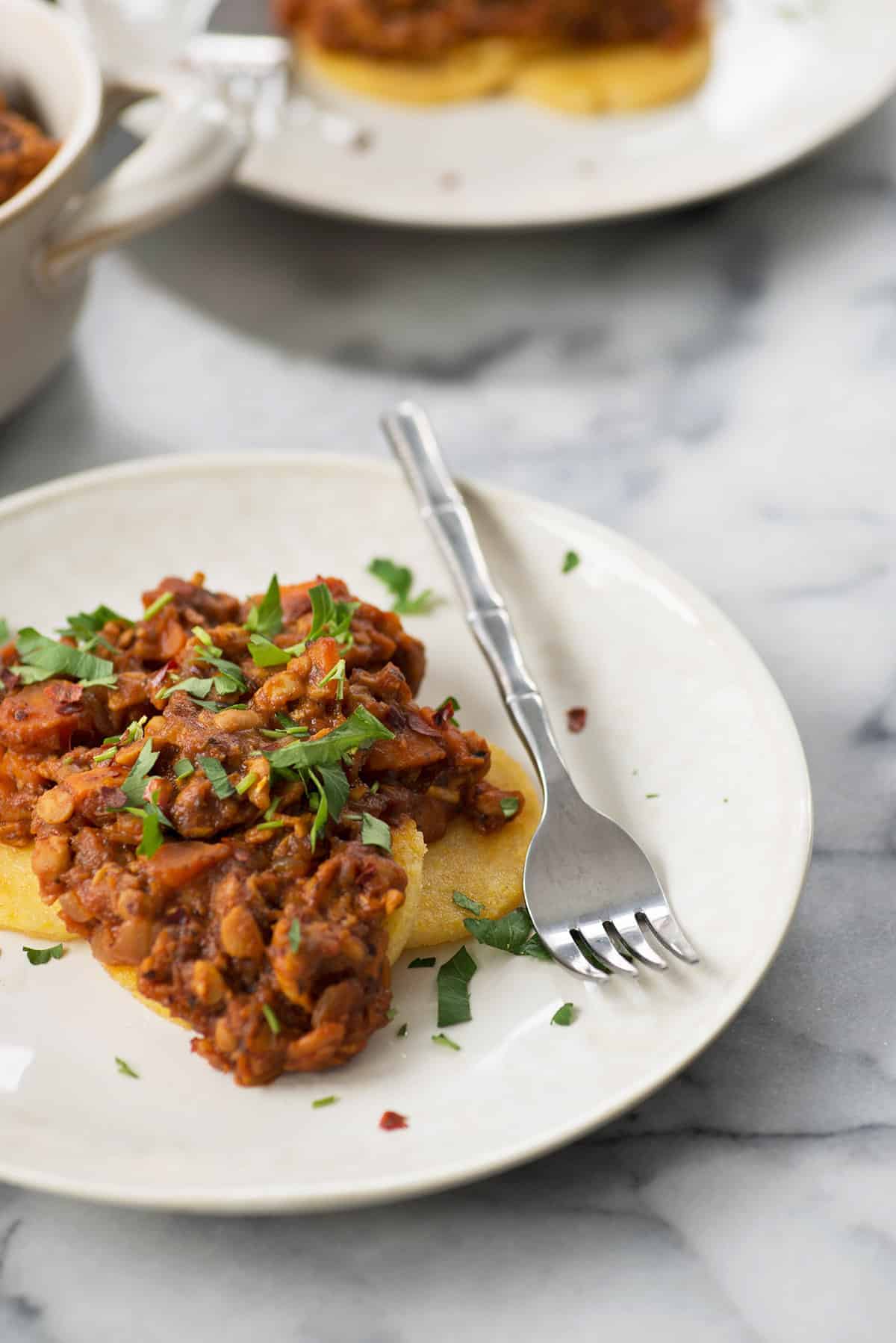 Polenta Cakes with Tempeh Bolognese 4 Polenta Cakes With Tempeh Bolognese! Crispy Polenta Topped With A Meaty, Vegan Ragu. Healthy Comfort Food! | Www.delishknowledge.com