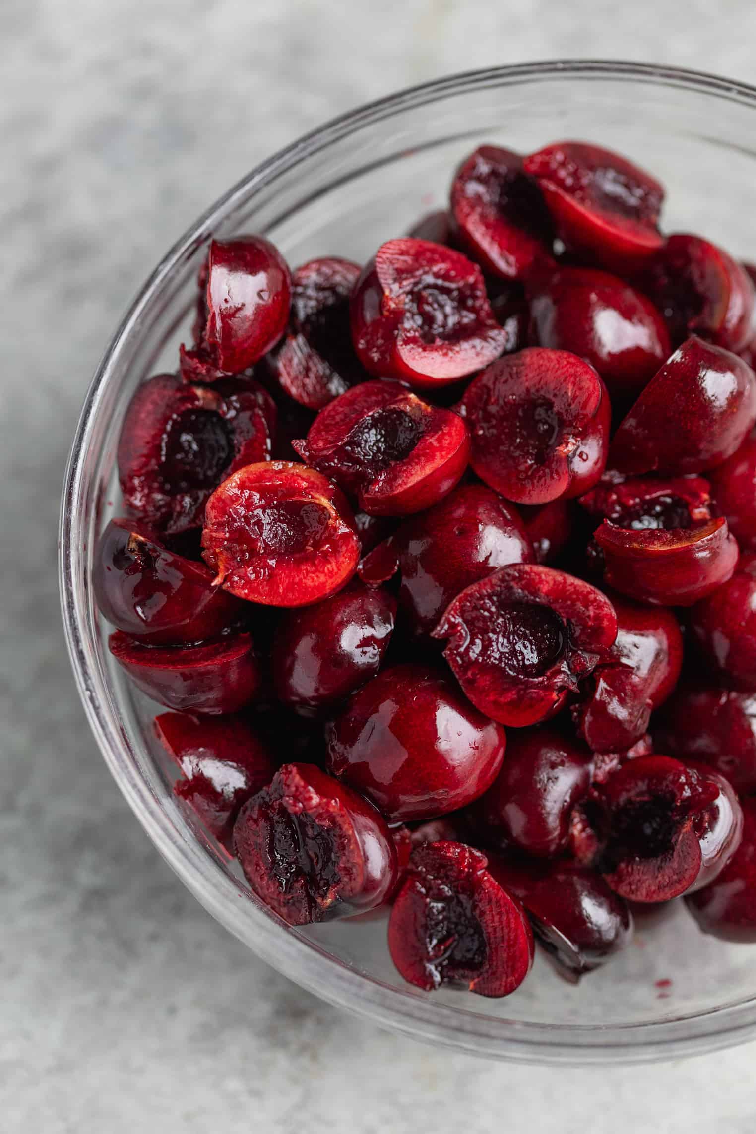 Whipped Ricotta with Roasted Sweet Cherries 3 Pitted Cherries In A Bowl