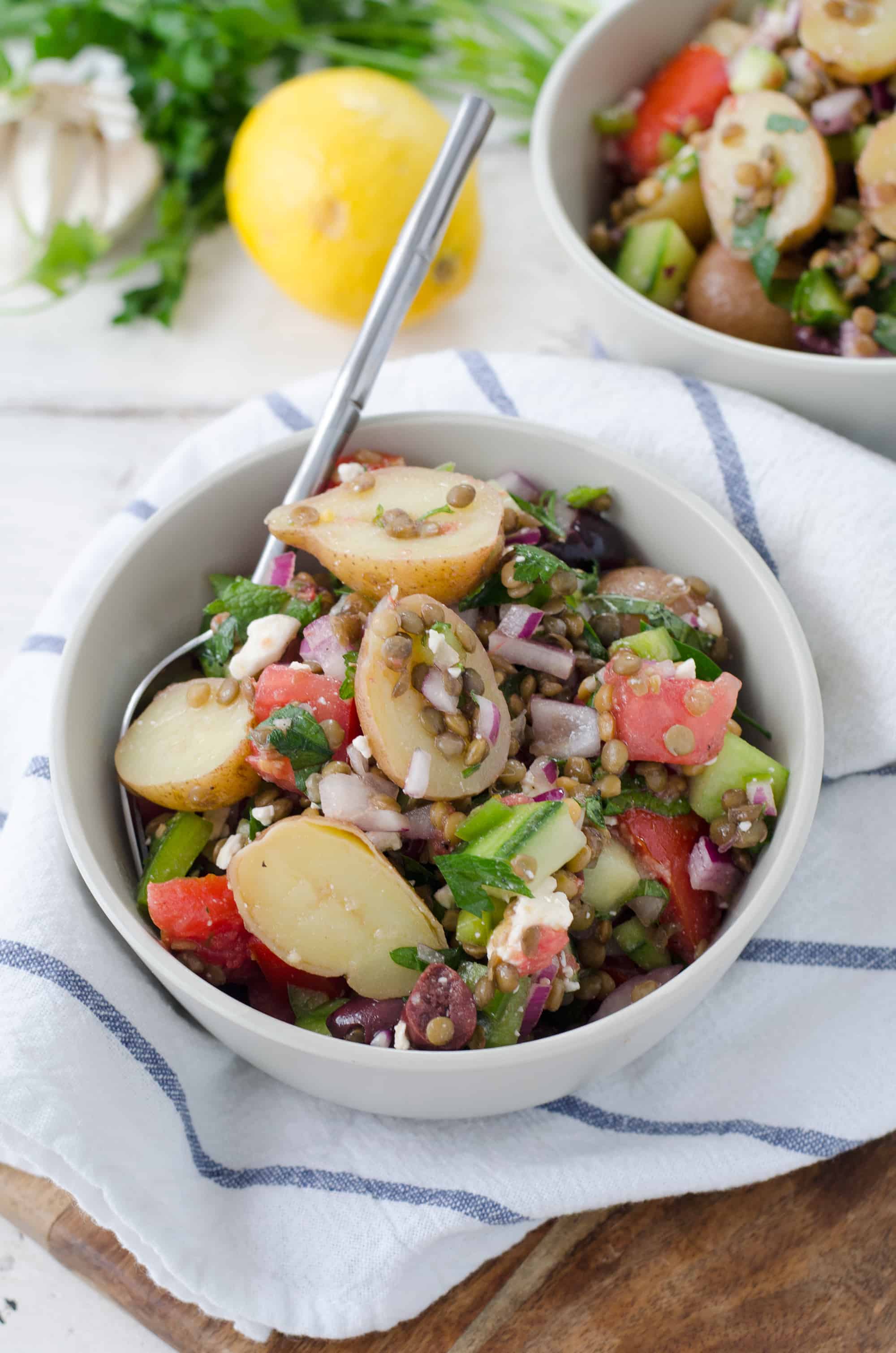 35 Easy Vegan Lentil Recipes 30 Greek Lentil And Potato Salad In White Bowl