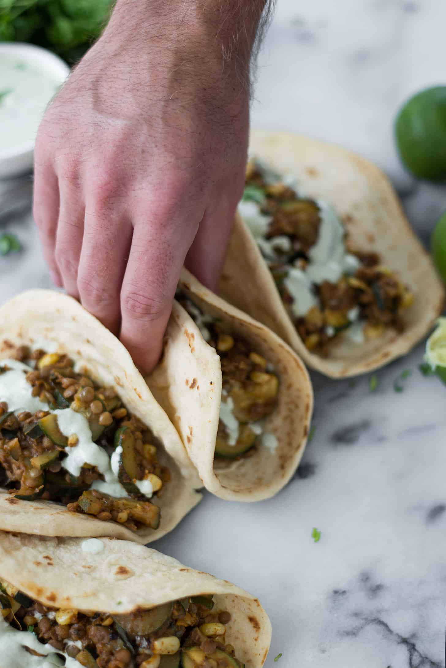 Vegan Zucchini and Lentil Tacos 5 Zucchini And Lentil Tacos! A Perfect Vegan Dinner. Spicy Zucchini And Corn, Lentils With A Creamy Jalapeno-Lime Sauce. | Www.delishknowledge.com